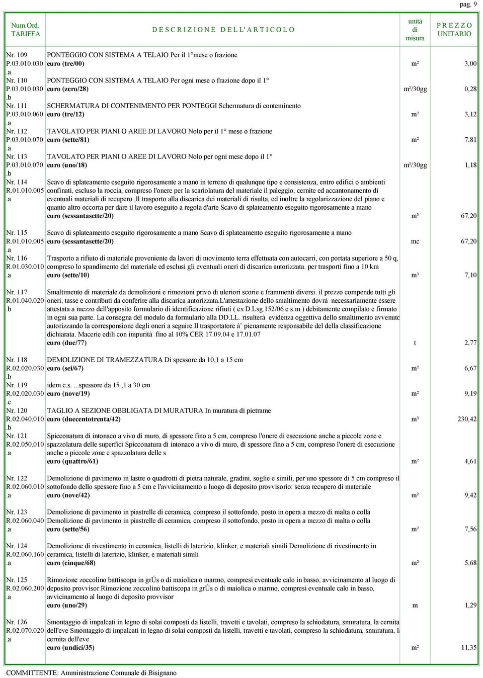 113 TAVOLATO PER PIANI O AREE DI LAVORO Nolo per ogni mese dopo il 1 P.03.010.070 euro (uno/18) m²/30gg 1,18 Nr.