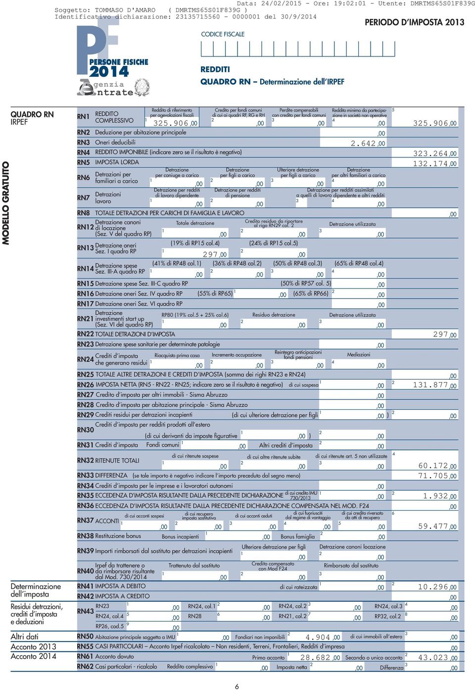 con credito per fondi comuni COMPLESSIVO.0.0 RN Deduzione per abitazione principale RN Oneri deducibili. RN REDDITO IMPONIBILE (indicare zero se il risultato è negativo). RN IMPOSTA LORDA.