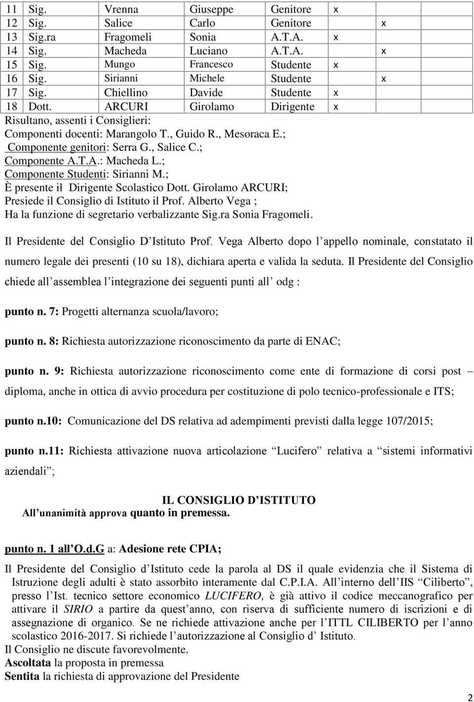 ; Componente genitori: Serra G., Salice C.; Componente A.T.A.: Macheda L.; Componente Studenti: Sirianni M.; È presente il Dirigente Scolastico Dott.