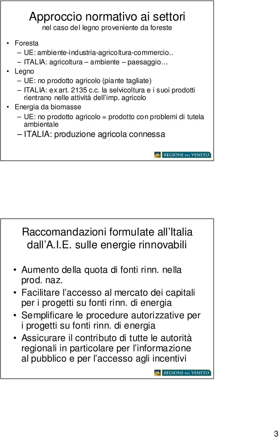agricolo Energia da biomasse UE: no prodotto agricolo = prodotto con problemi di tutela ambientale ITALIA: produzione agricola connessa Raccomandazioni formulate all Italia dall A.I.E. sulle energie rinnovabili Aumento della quota di fonti rinn.
