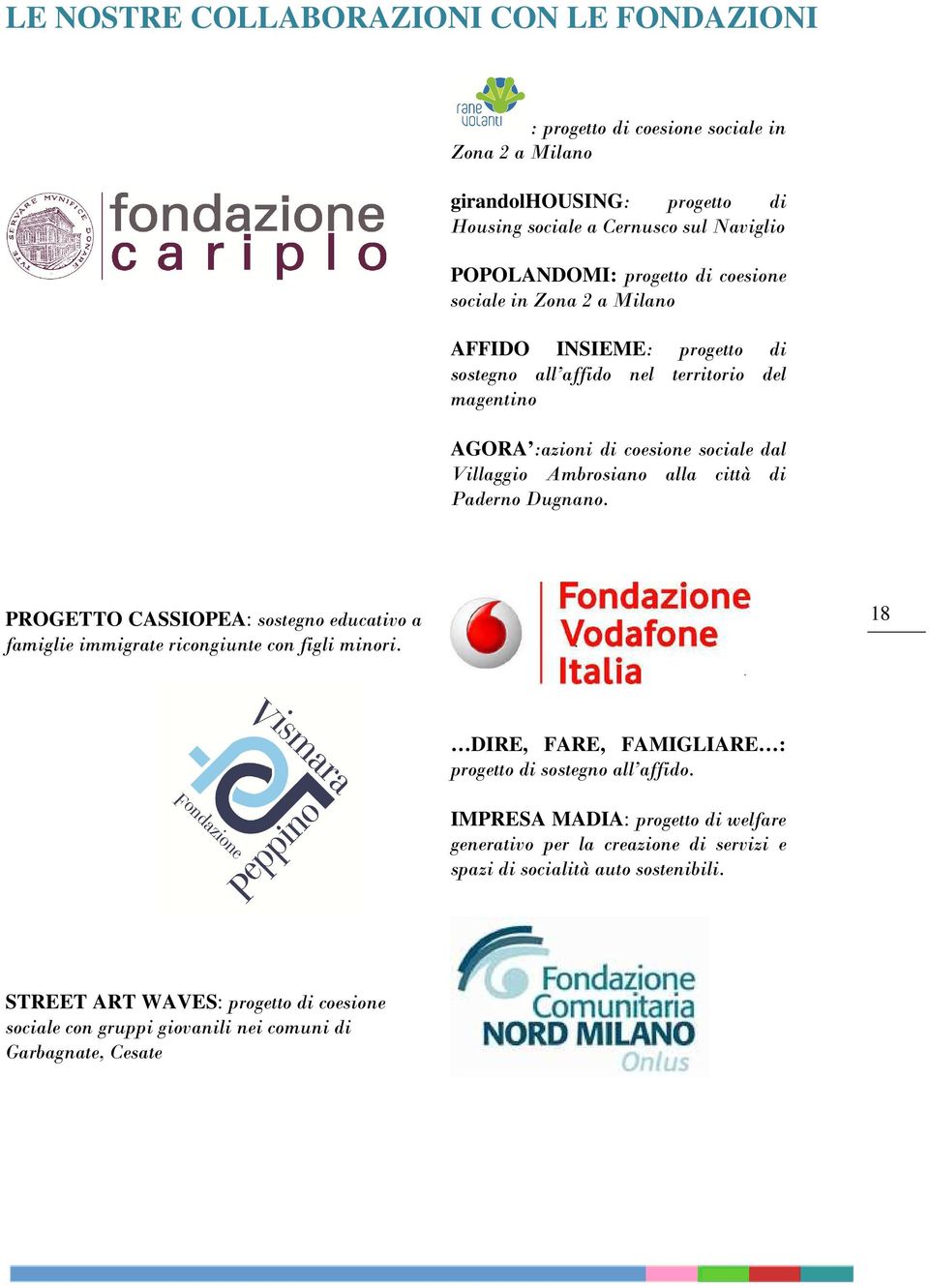 Paderno Dugnano. PROGETTO CASSIOPEA: sostegno educativo a famiglie immigrate ricongiunte con figli minori. 18 DIRE, FARE, FAMIGLIARE : progetto di sostegno all affido.