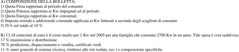 13,18 centesimi di euro è il costo medio per 1 Kw nel 2005 per una famiglia che consuma 2700 Kw in un anno.