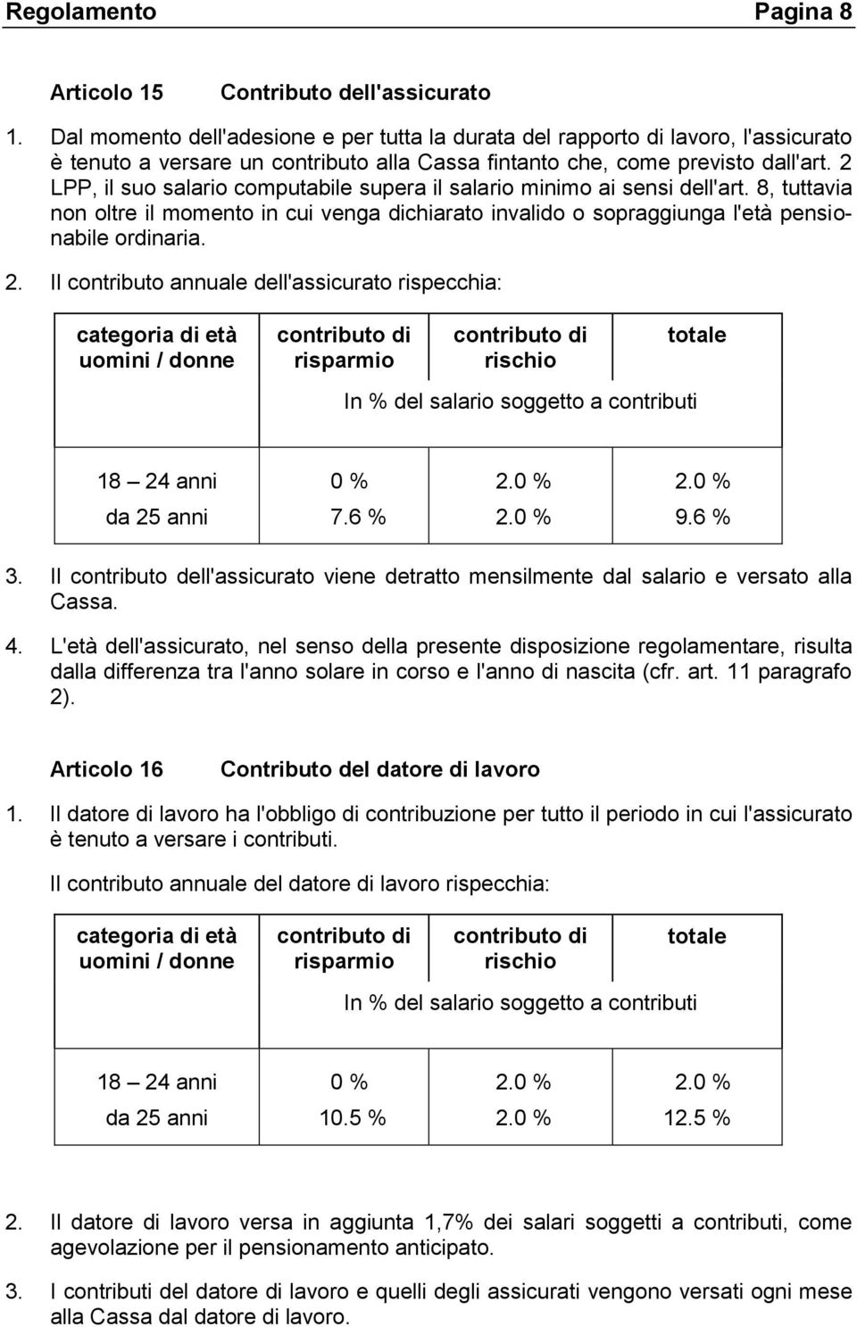 2 LPP, il suo salario computabile supera il salario minimo ai sensi dell'art. 8, tuttavia non oltre il momento in cui venga dichiarato invalido o sopraggiunga l'età pensionabile ordinaria. 2.