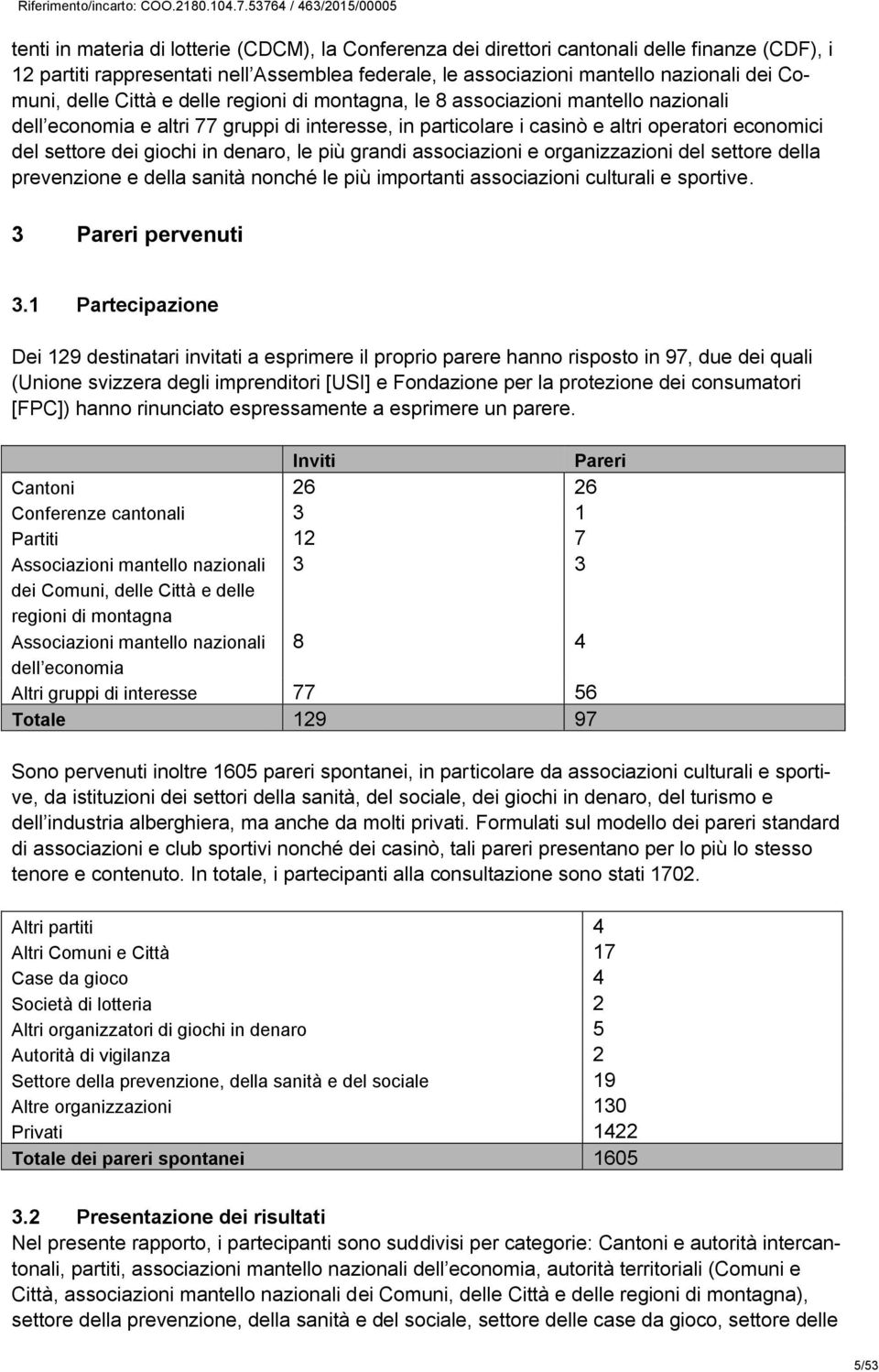 in denaro, le più grandi associazioni e organizzazioni del settore della prevenzione e della sanità nonché le più importanti associazioni culturali e sportive. 3 Pareri pervenuti 3.