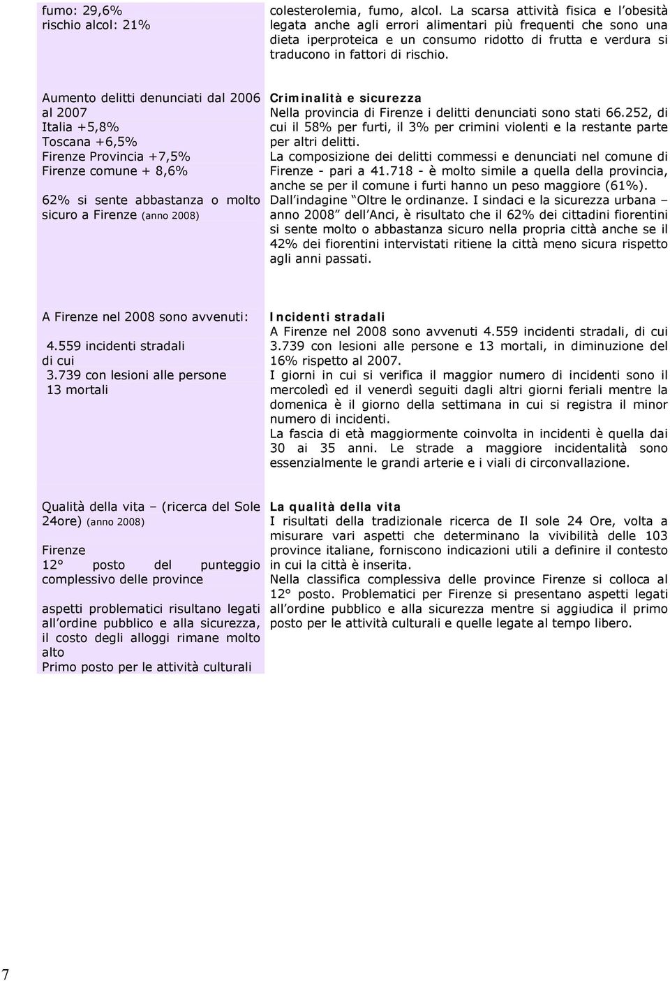 Aumento delitti denunciati dal 2006 al 2007 Italia +5,8% Toscana +6,5% Firenze Provincia +7,5% Firenze comune + 8,6% 62% si sente abbastanza o molto sicuro a Firenze (anno 2008) Criminalità e