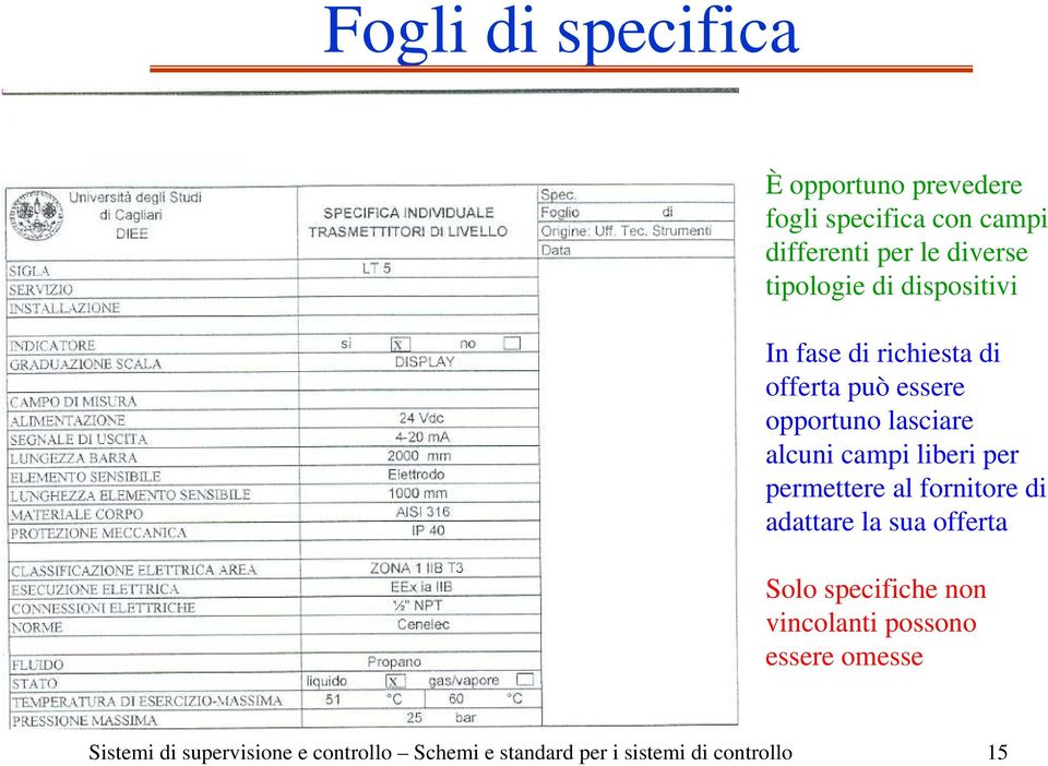 campi liberi per permettere al fornitore di adattare la sua offerta Solo specifiche non