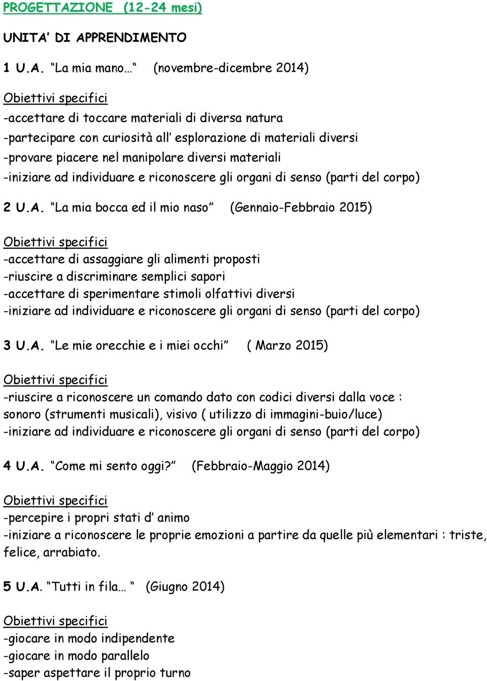 DI APPRENDIMENTO 1 U.A. La mia mano (novembre-dicembre 2014) -accettare di toccare materiali di diversa natura -partecipare con curiosità all esplorazione di materiali diversi -provare piacere nel