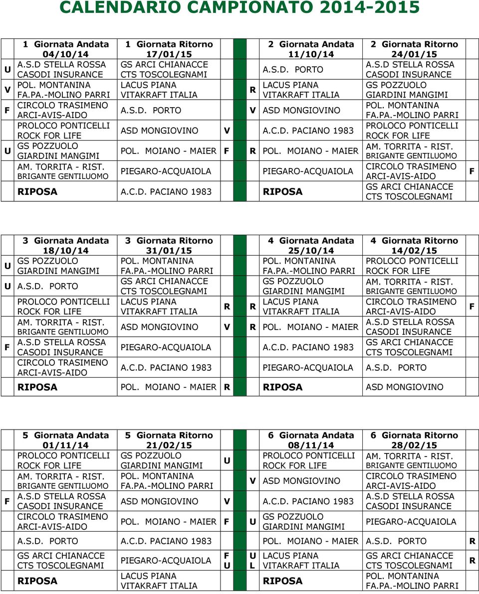 -MOINO PAI 3 Giornata Andata 18/10/14 3 Giornata itorno 31/01/15 4 Giornata Andata 25/10/14 4 Giornata itorno 14/02/15 A.PA.-MOINO PAI A.PA.-MOINO PAI ASD MONGIOVINO V PO.