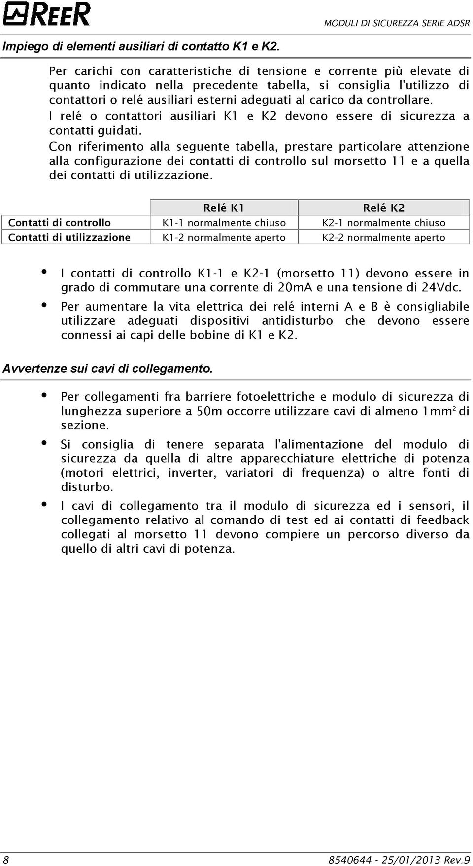 controllare. I relé o contattori ausiliari K1 e K2 devono essere di sicurezza a contatti guidati.