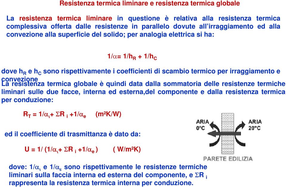 convezione La resistenza termica globale è quindi data dalla sommatoria delle resistenze termiche liminari sulle due facce, interna ed esterna,del componente e dalla resistenza termica per
