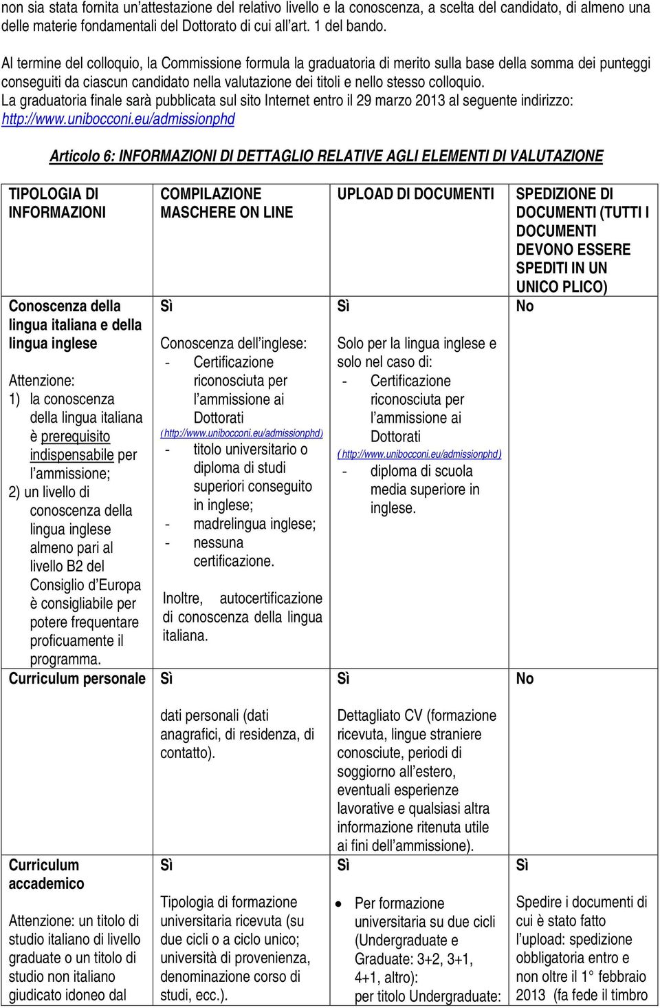 La graduatoria finale sarà pubblicata sul sito Internet entro il 29 marzo 2013 al seguente indirizzo: http://www.unibocconi.