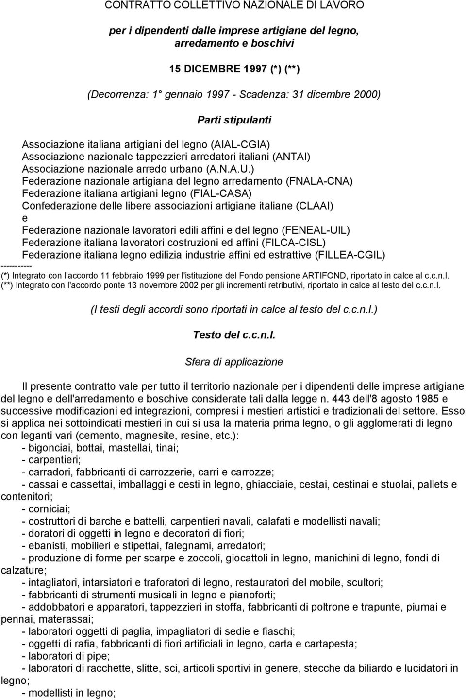 ) Federazione nazionale artigiana del legno arredamento (FNALA-CNA) Federazione italiana artigiani legno (FIAL-CASA) Confederazione delle libere associazioni artigiane italiane (CLAAI) e Federazione