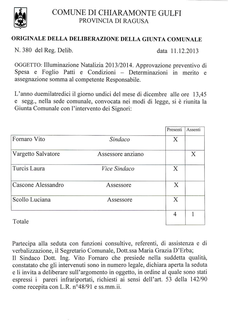 L'anno duemilatredici il giorno undici del mese di dicembre alle ore 13,45 e segg.