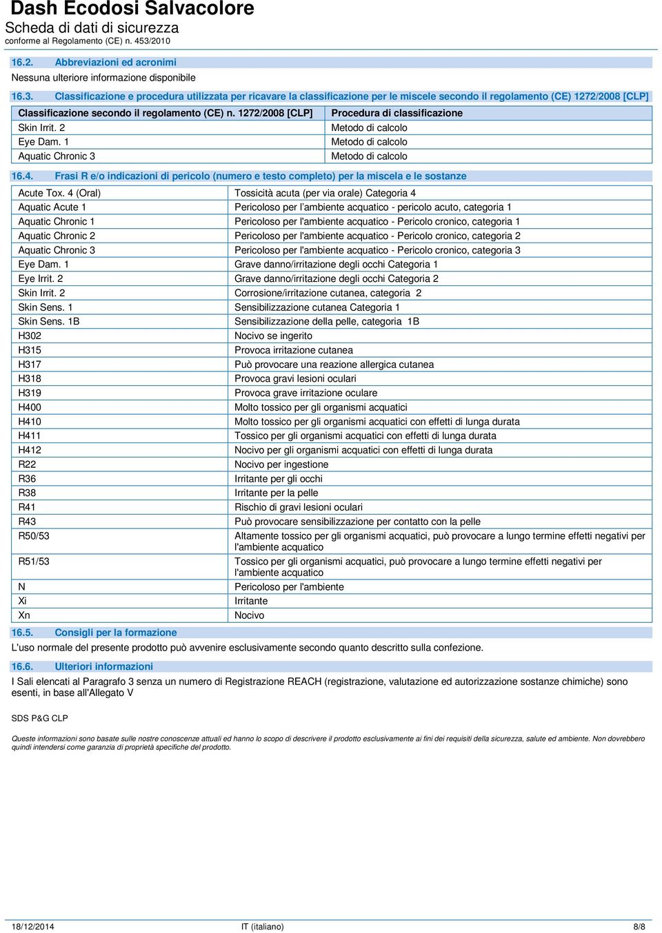 1272/2008 [CLP] Skin Irrit. 2 Eye Dam. 1 Aquatic Chronic 3 Procedura di classificazione Metodo di calcolo Metodo di calcolo Metodo di calcolo 16.4.