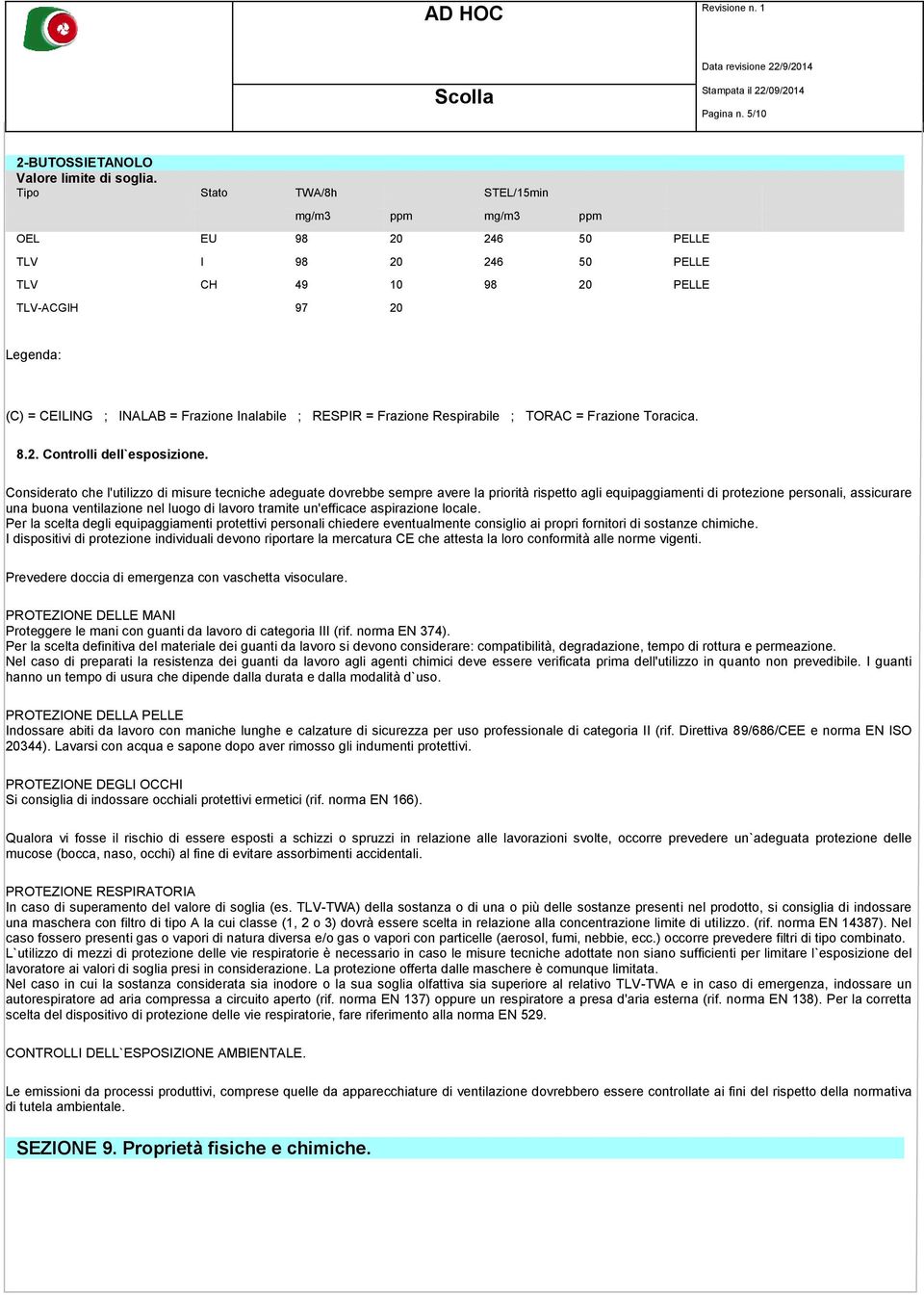 RESPIR = Frazione Respirabile ; TORAC = Frazione Toracica. 8.2. Controlli dell`esposizione.