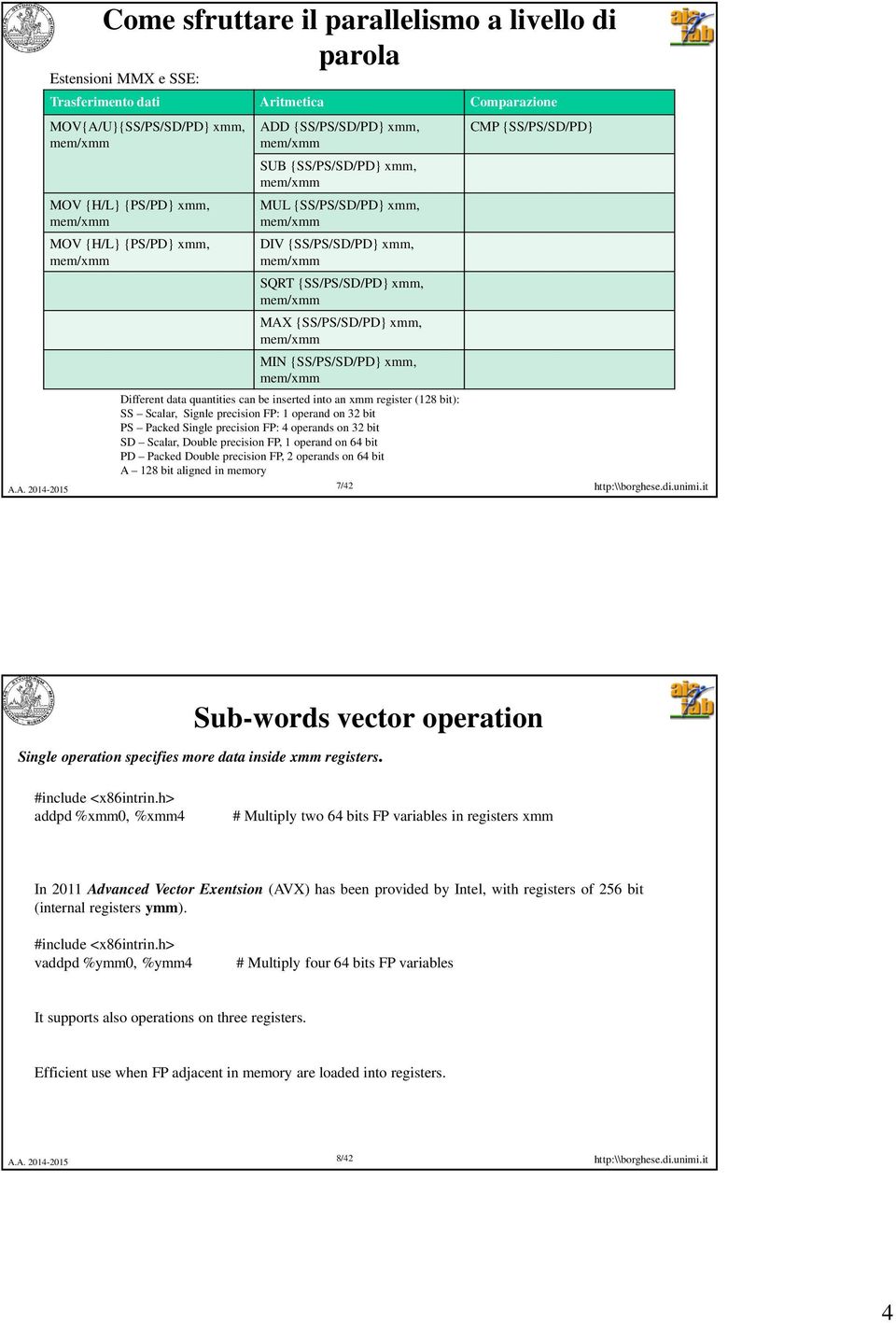 MIN {SS/PS/SD/PD} xmm, mem/xmm Different data quantities can be inserted into an xmm register (128 bit): SS Scalar, Signle precision FP: 1 operand on 32 bit PS Packed Single precision FP: 4 operands