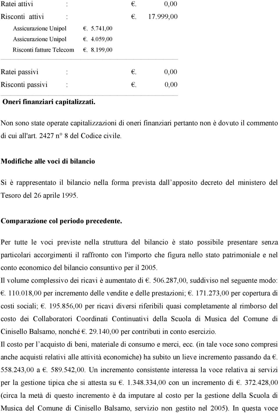 Modifiche alle voci di bilancio Si è rappresentato il bilancio nella forma prevista dall apposito decreto del ministero del Tesoro del 26 aprile 1995. Comparazione col periodo precedente.