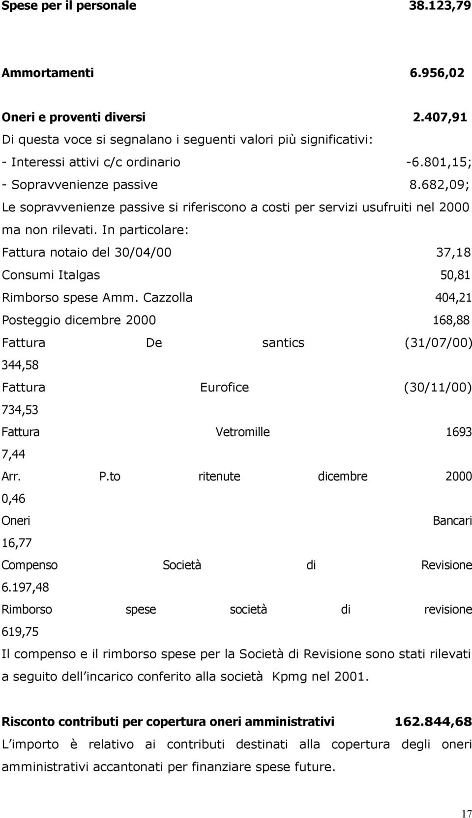 In particolare: Fattura notaio del 30/04/00 37,18 Consumi Italgas 50,81 Rimborso spese Amm.