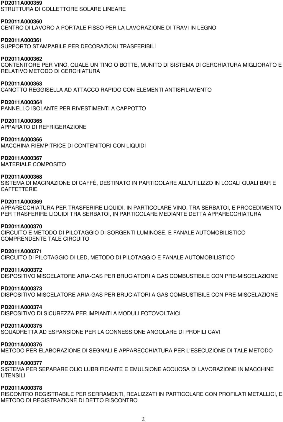 ANTISFILAMENTO PD2011A000364 PANNELLO ISOLANTE PER RIVESTIMENTI A CAPPOTTO PD2011A000365 APPARATO DI REFRIGERAZIONE PD2011A000366 MACCHINA RIEMPITRICE DI CONTENITORI CON LIQUIDI PD2011A000367