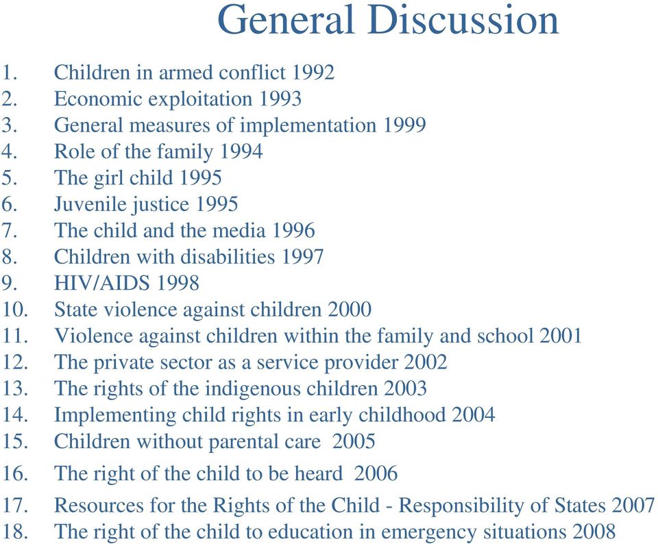 Violence against children within the family and school 2001 12. The private sector as a service provider 2002 13. The rights of the indigenous children 2003 14.