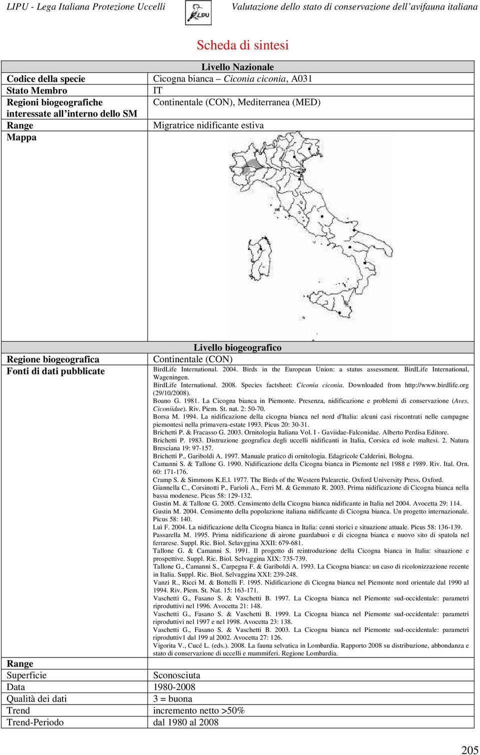 = buona Trend incremento netto >50% Trend-Periodo dal 1980 al 2008 BirdLife International. 2004. Birds in the European Union: a status assessment. BirdLife International, Wageningen.