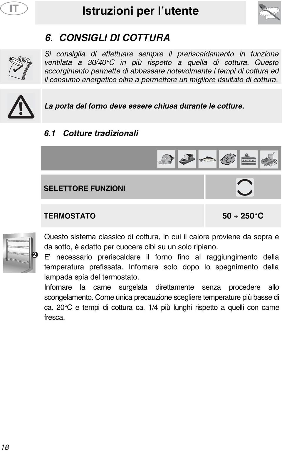 La porta del forno deve essere chiusa durante le cotture. 6.