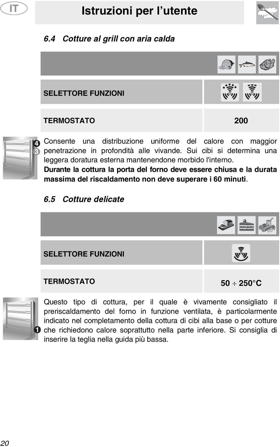 Durante la cottura la porta del forno deve essere chiusa e la durata massima del riscaldamento non deve superare i 60