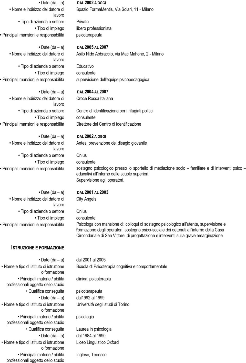 (da a) DAL 2002 A OGGI Antes, prevenzione del disagio giovanile Onlus sostegno psicologico presso lo sportello di mediazione socio familiare e di interventi psico educativi all interno delle scuole