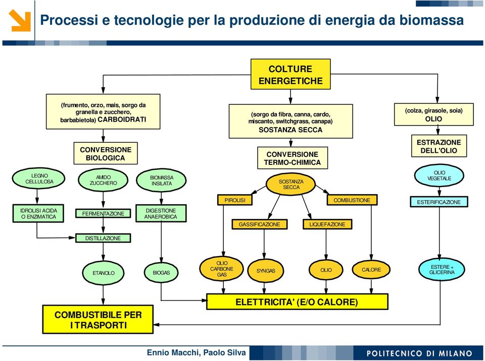 LEGNO CELLULOSA AMIDO ZUCCHERO BIOMASSA INSILATA SOSTANZA SECCA OLIO VEGETALE IDROLISI ACIDA O ENZIMATICA FERMENTAZIONE DIGESTIONE ANAEROBICA PIROLISI GASSIFICAZIONE