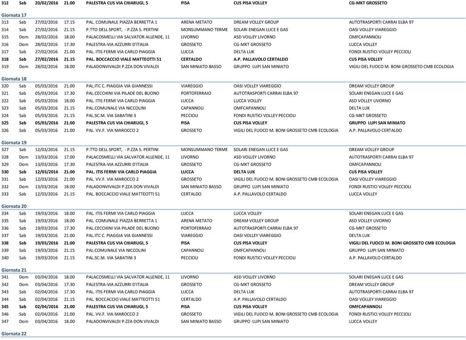 PERTINI MONSUMMANO TERME SOLARI ENEGAN LUCE E GAS OASI VOLLEY VIAREGGIO 315 Dom 28/02/2016 18.00 PALACOSMELLI VIA SALVATOR ALLENDE, 11 LIVORNO ASD VOLLEY LIVORNO OMFCAPANNOLI 316 Dom 28/02/2016 17.