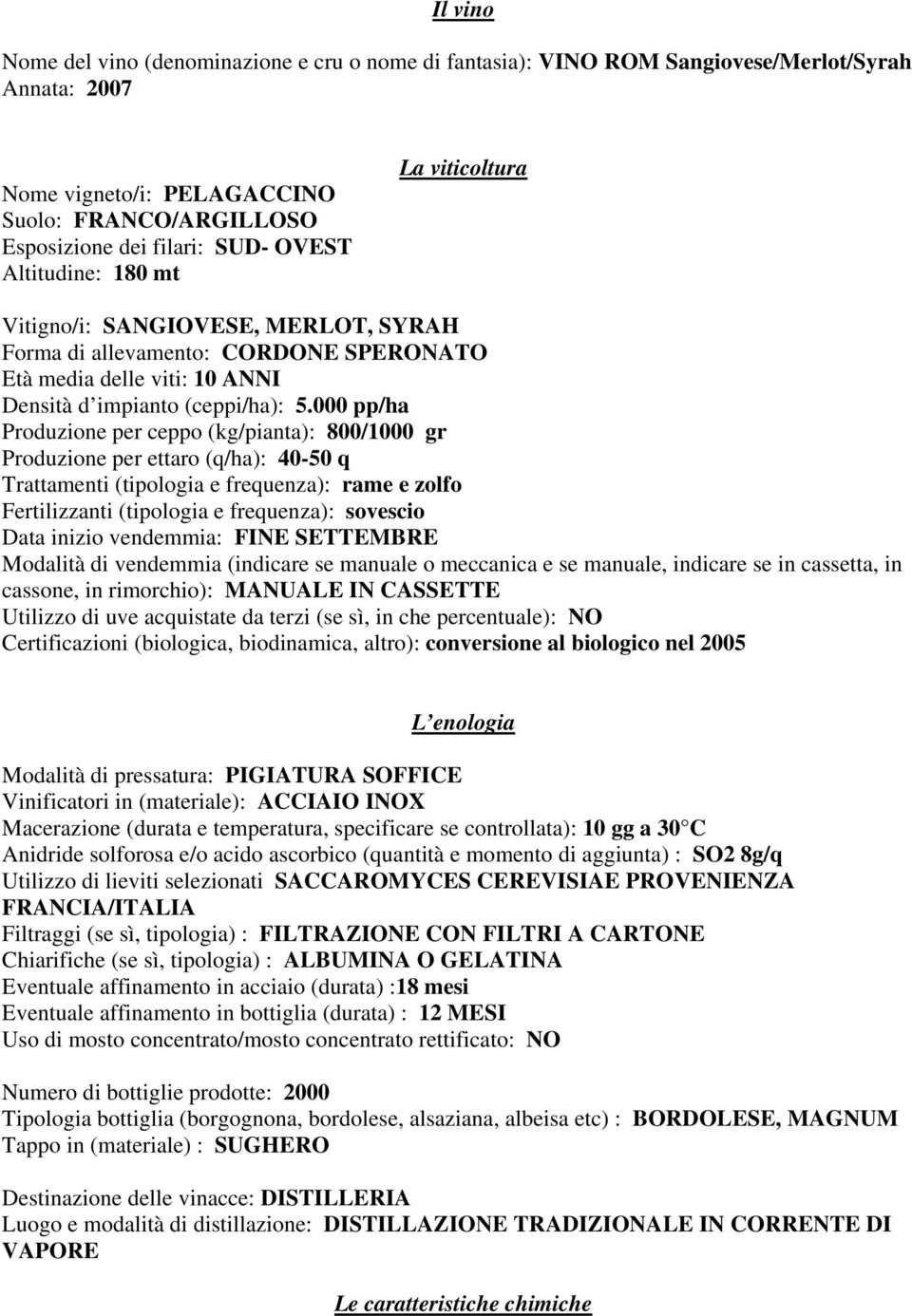 000 pp/ha Produzione per ceppo (kg/pianta): 800/1000 gr Produzione per ettaro (q/ha): 40-50 q Trattamenti (tipologia e frequenza): rame e zolfo Fertilizzanti (tipologia e frequenza): sovescio Data