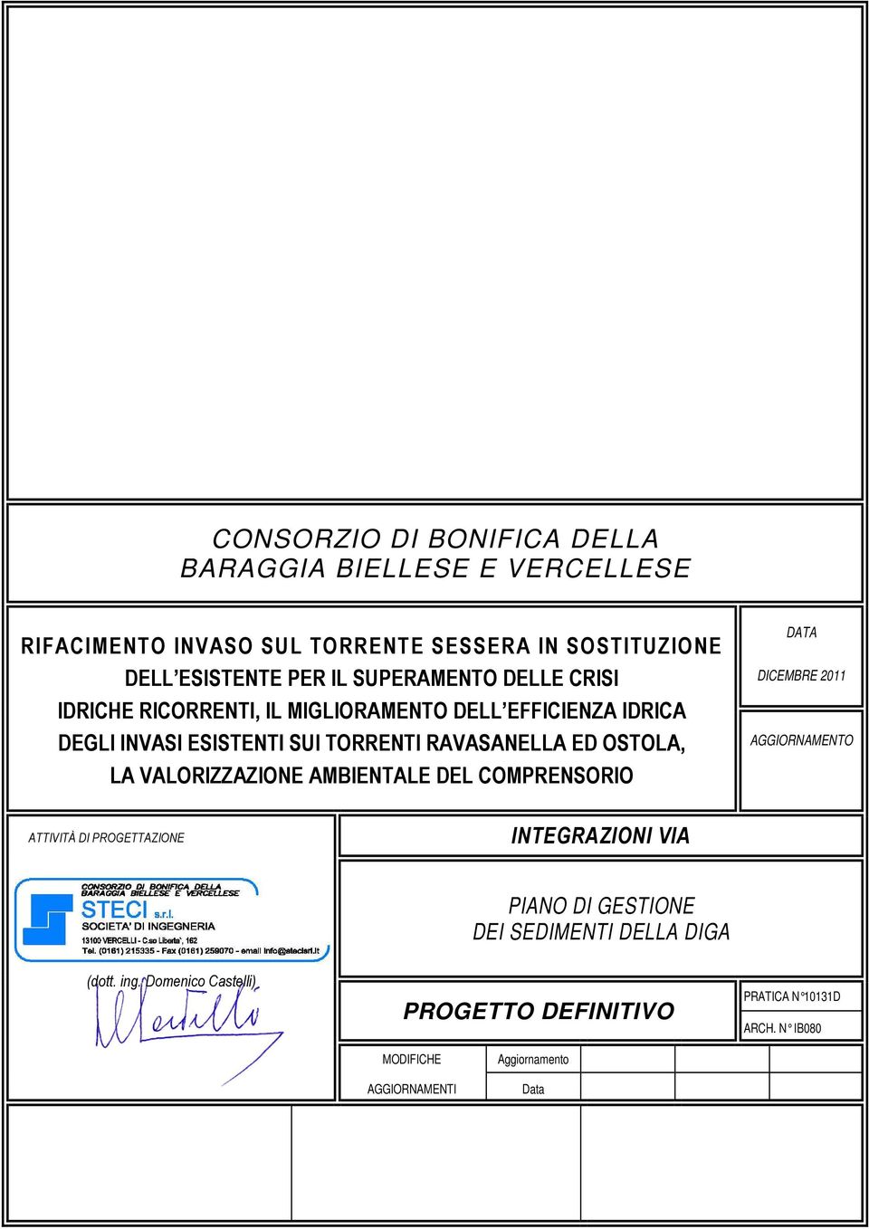 LA VALORIZZAZIONE AMBIENTALE DEL COMPRENSORIO DATA DICEMBRE 2011 AGGIORNAMENTO ATTIVITÀ DI PROGETTAZIONE INTEGRAZIONI VIA PIANO DI GESTIONE