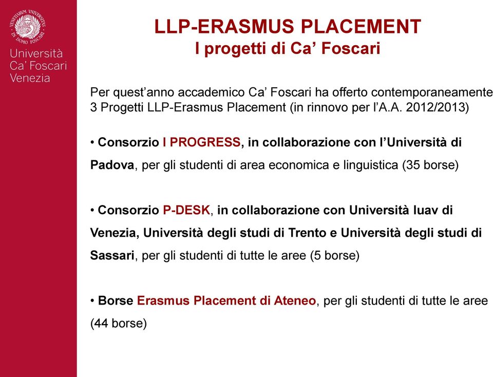 A. 2012/2013) Consorzio I PROGRESS, in collaborazione con l Università di Padova, per gli studenti di area economica e linguistica (35 borse)