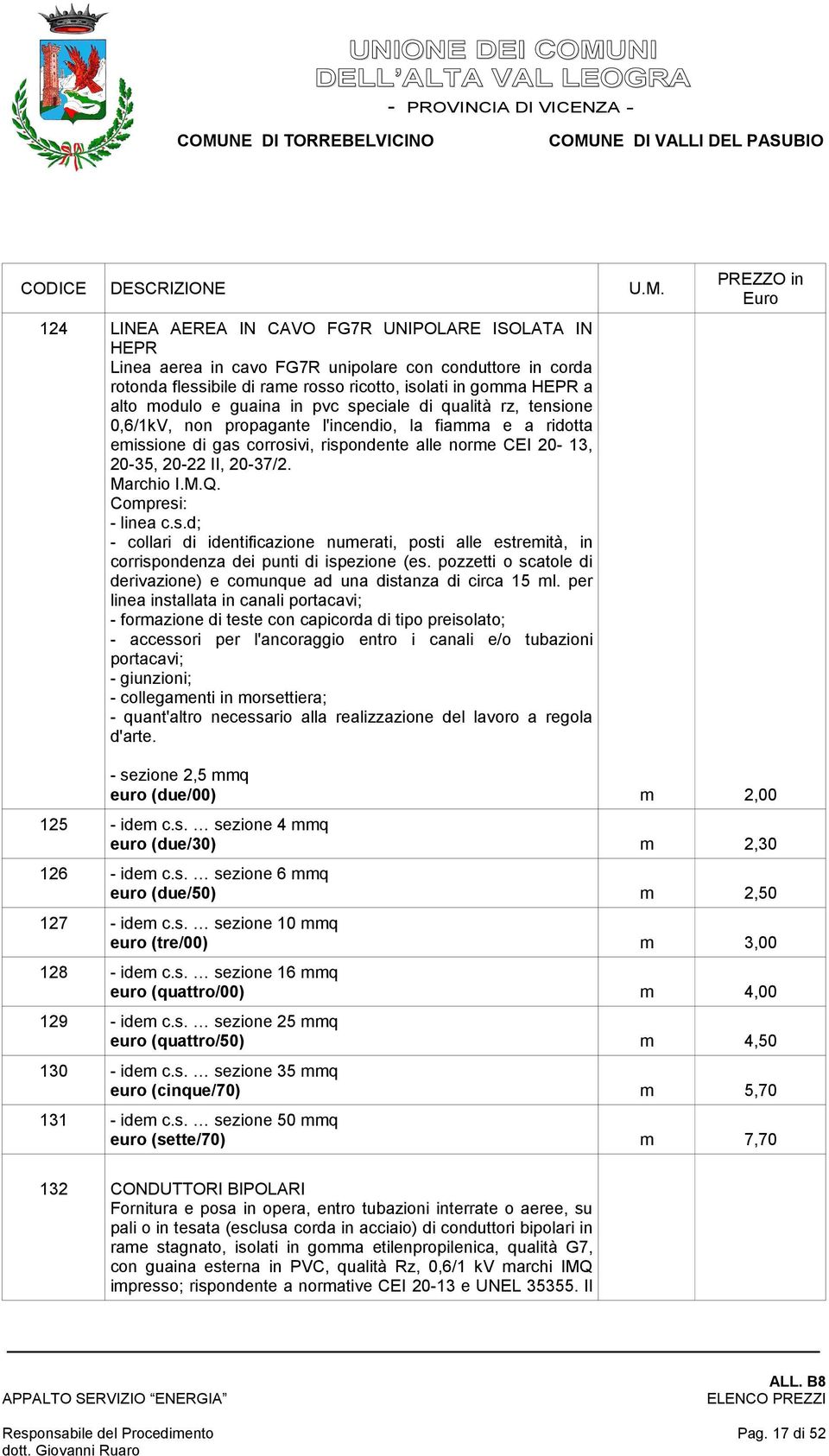 Marchio I.M.Q. Compresi: - linea c.s.d; - collari di identificazione numerati, posti alle estremità, in corrispondenza dei punti di ispezione (es.