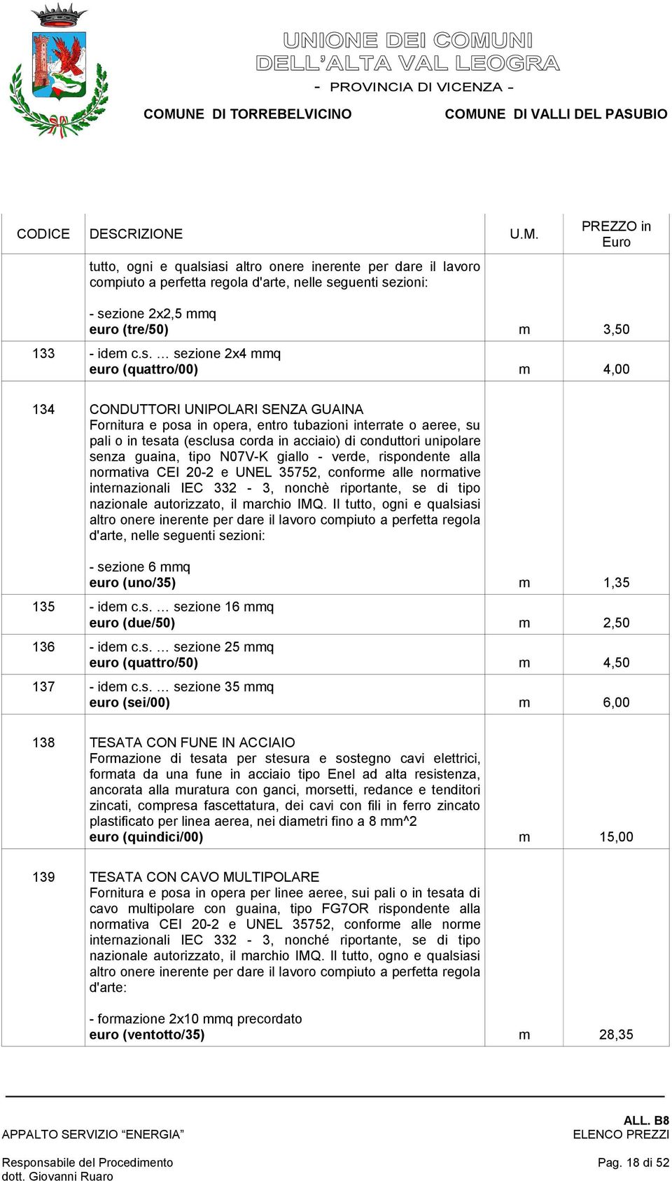 4,00 134 CONDUTTORI UNIPOLARI SENZA GUAINA Fornitura e posa in opera, entro tubazioni interrate o aeree, su pali o in tesata (esclusa corda in acciaio) di conduttori unipolare senza guaina, tipo