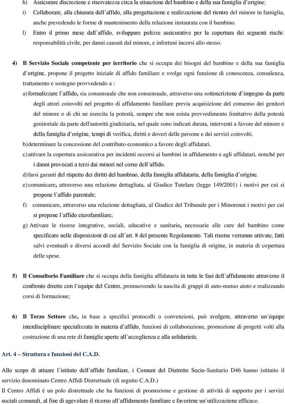 l) Entro il primo mese dall affido, sviluppare polizze assicurative per la copertura dei seguenti rischi: responsabilità civile, per danni causati dal minore, e infortuni incorsi allo stesso.