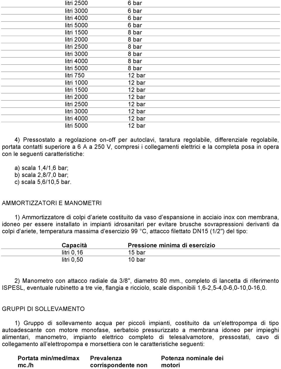 differenziale regolabile, portata contatti superiore a 6 A a 250 V, compresi i collegamenti elettrici e la completa posa in opera con le seguenti caratteristiche: a) scala 1,4/1,6 bar; b) scala