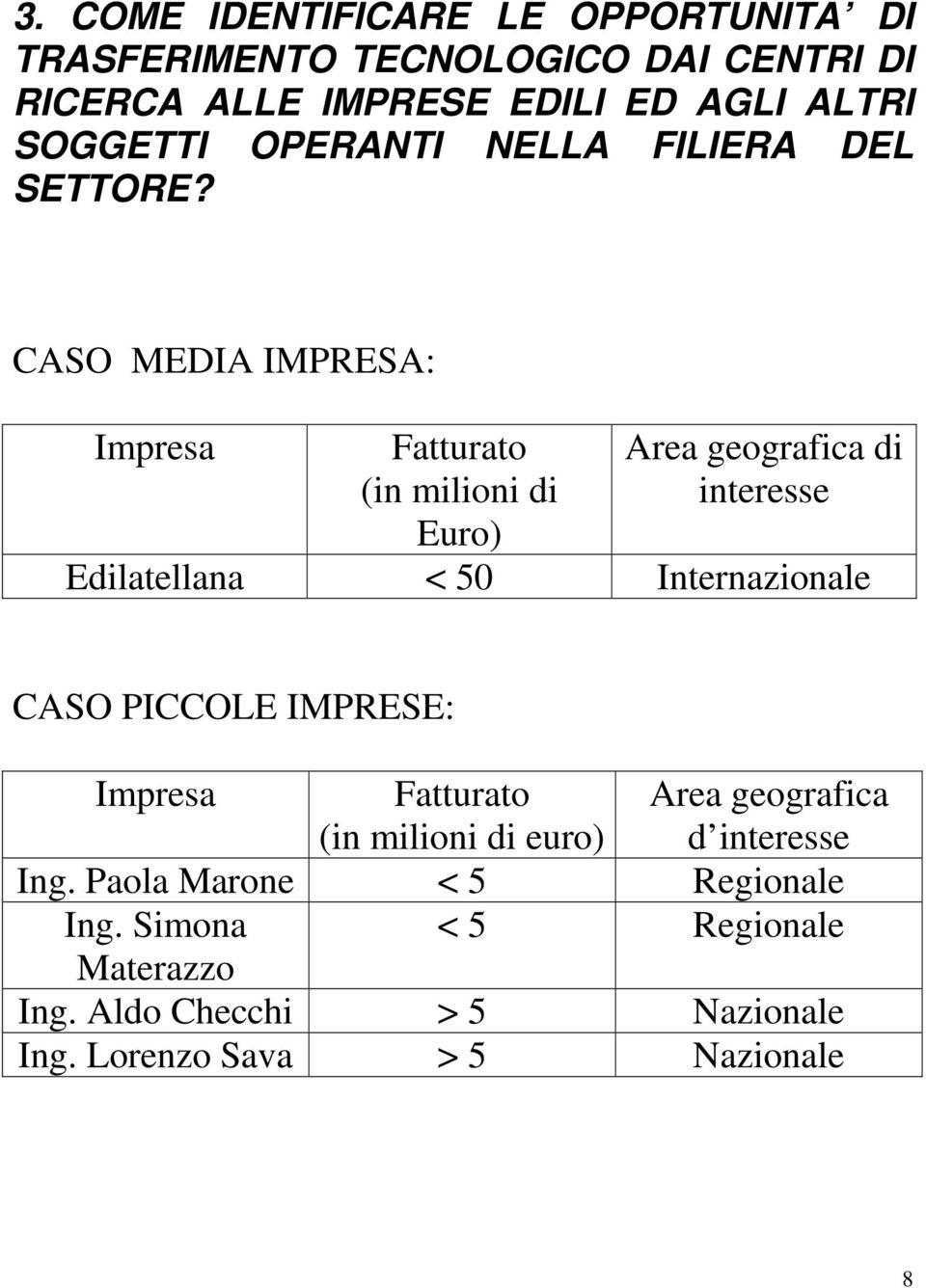 CASO MEDIA IMPRESA: Impresa Fatturato (in milioni di Euro) Area geografica di interesse Edilatellana < 50 Internazionale CASO