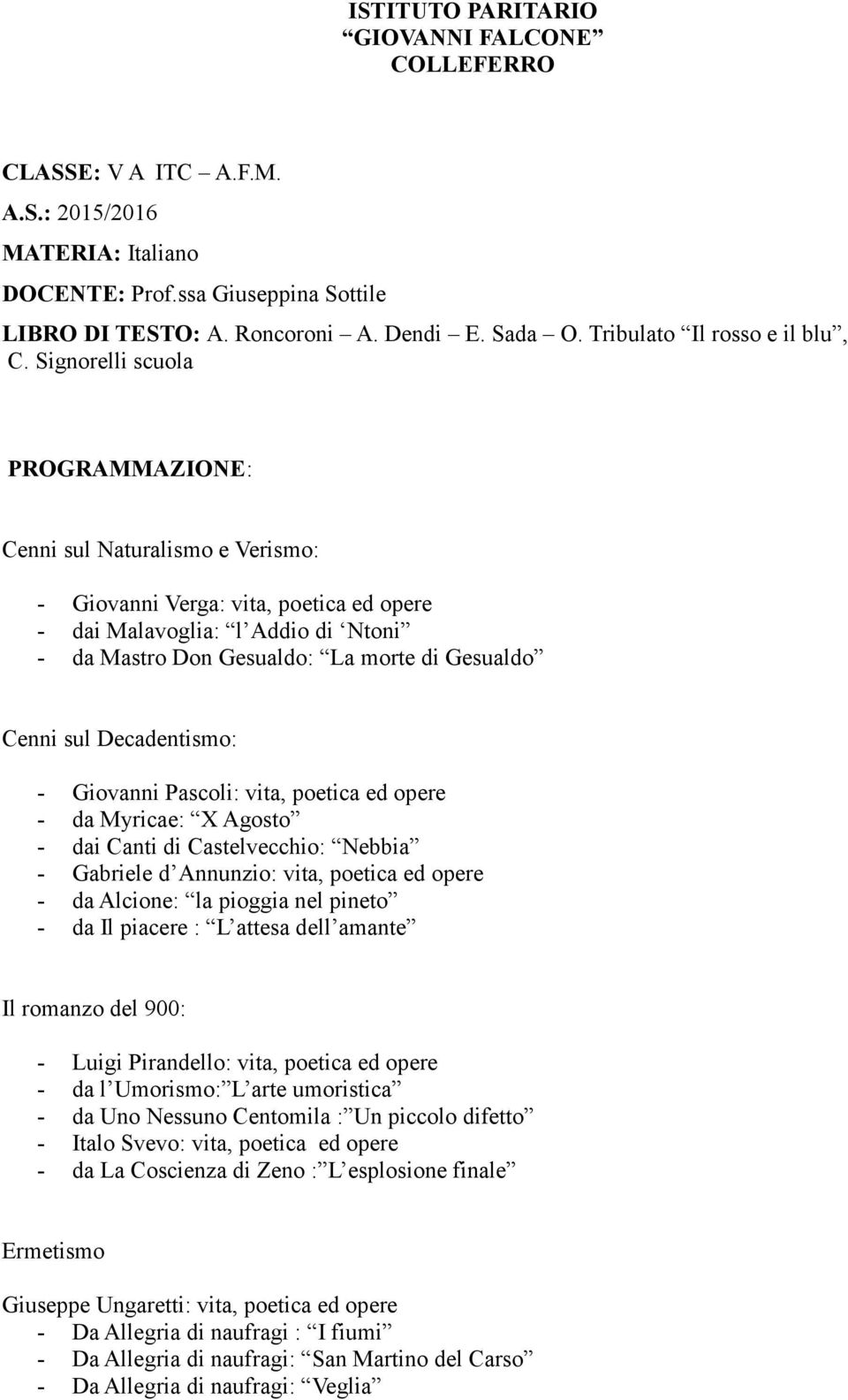 Signorelli scuola PROGRAMMAZIONE: Cenni sul Naturalismo e Verismo: - Giovanni Verga: vita, poetica ed opere - dai Malavoglia: l Addio di Ntoni - da Mastro Don Gesualdo: La morte di Gesualdo Cenni sul