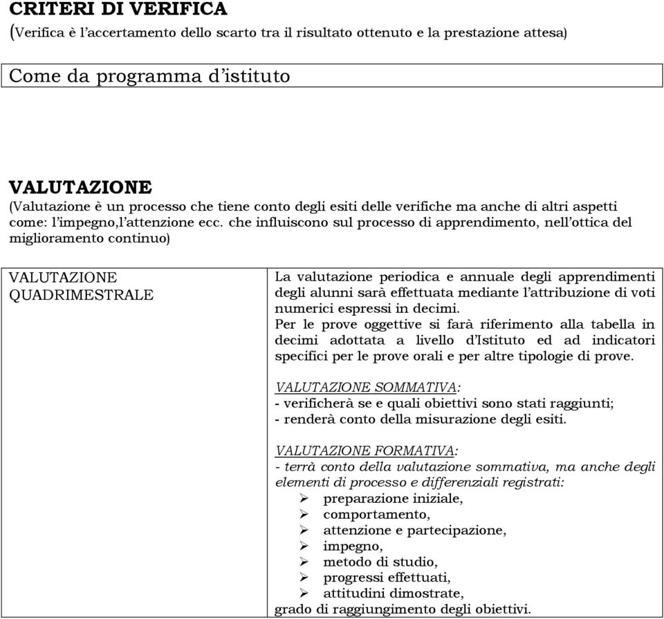 che influiscono sul processo di apprendimento, nell ottica del miglioramento continuo) VALUTAZIONE QUADRIMESTRALE La valutazione periodica e annuale degli apprendimenti degli alunni sarà effettuata