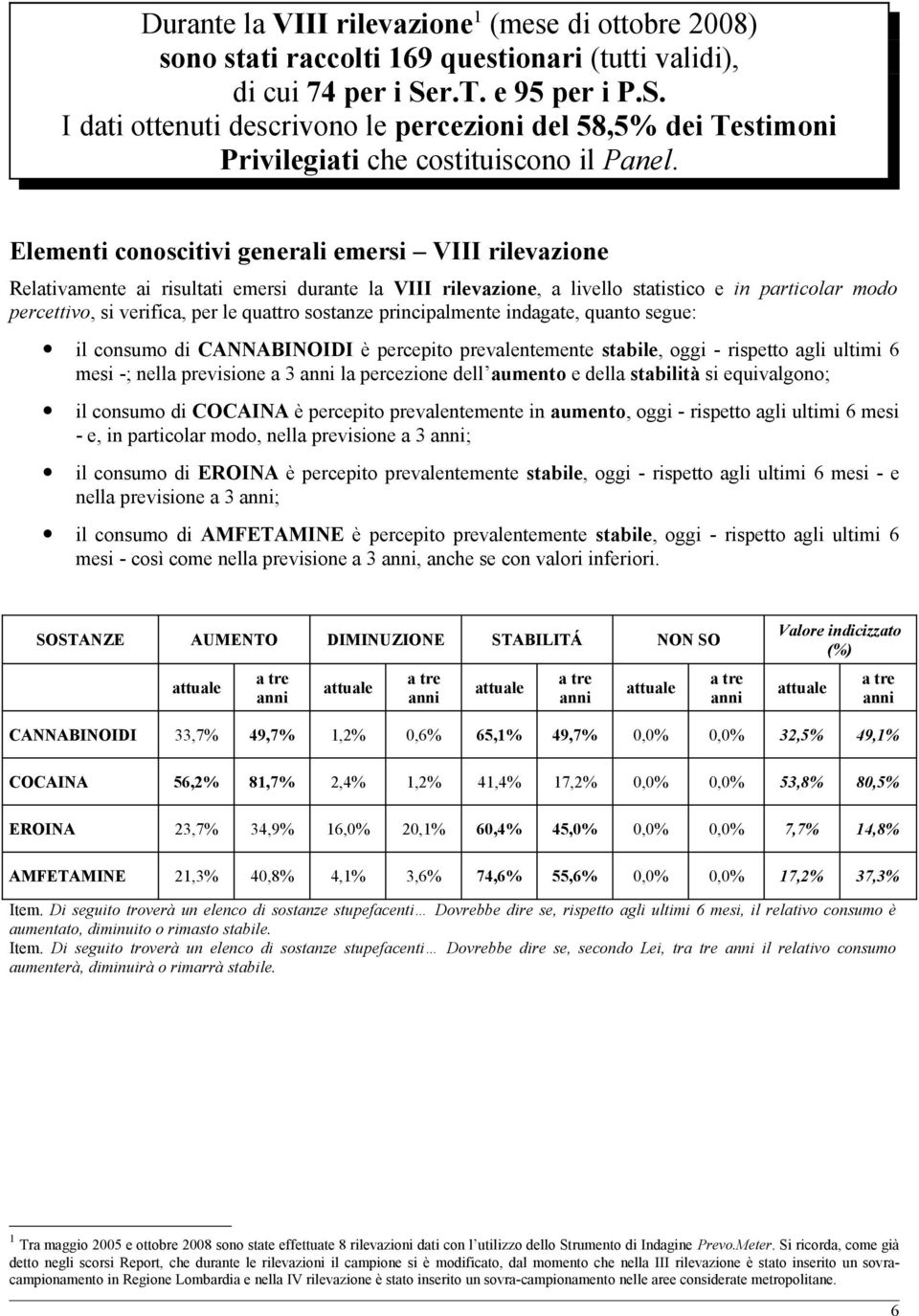 Elementi conoscitivi generali emersi VIII rilevazione Relativamente ai risultati emersi durante la VIII rilevazione, a livello statistico e in particolar modo percettivo, si verifica, per le quattro