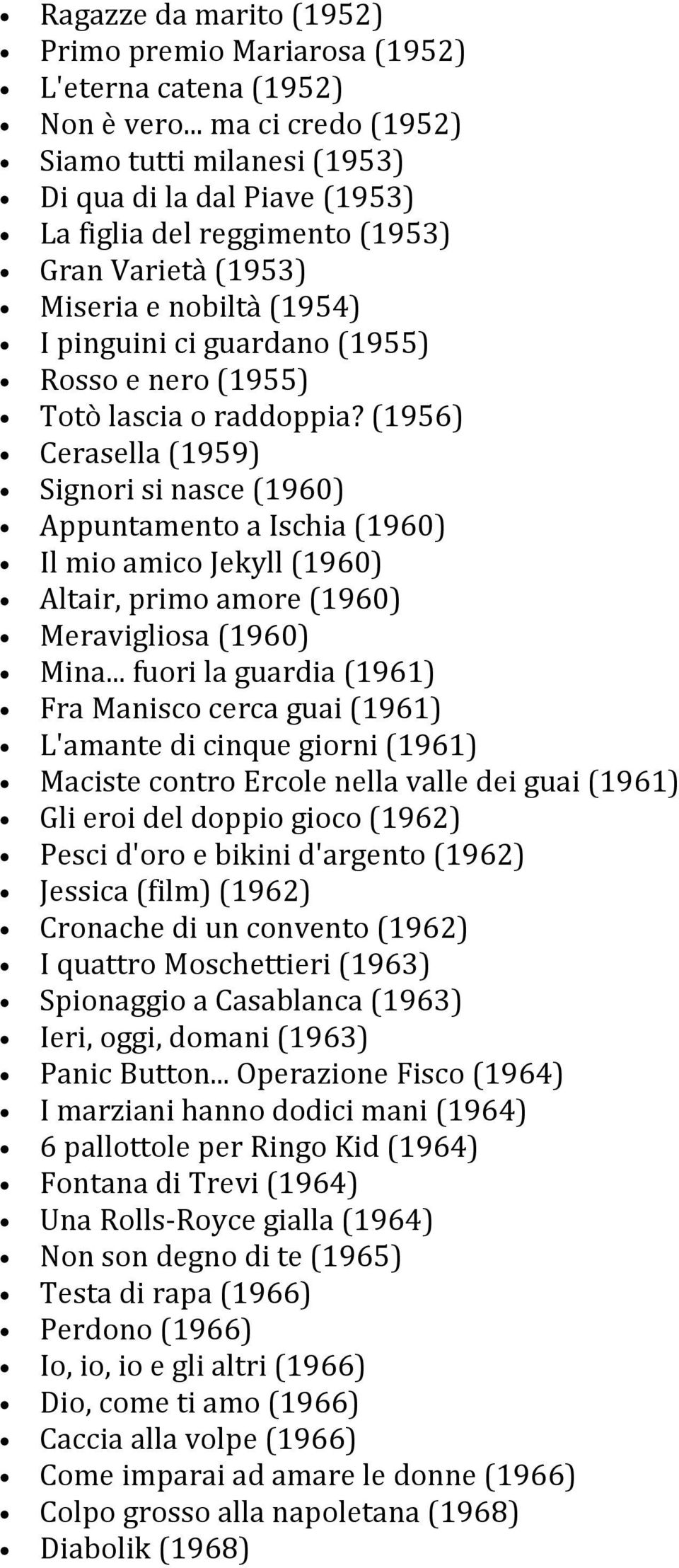 (1955) Totò lascia o raddoppia? (1956) Cerasella (1959) Signori si nasce (1960) Appuntamento a Ischia (1960) Il mio amico Jekyll (1960) Altair, primo amore (1960) Meravigliosa (1960) Mina.