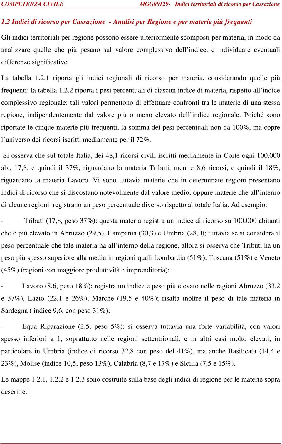 1 riporta gli indici regionali di ricorso per materia, considerando quelle più frequenti; la tabella 1.2.