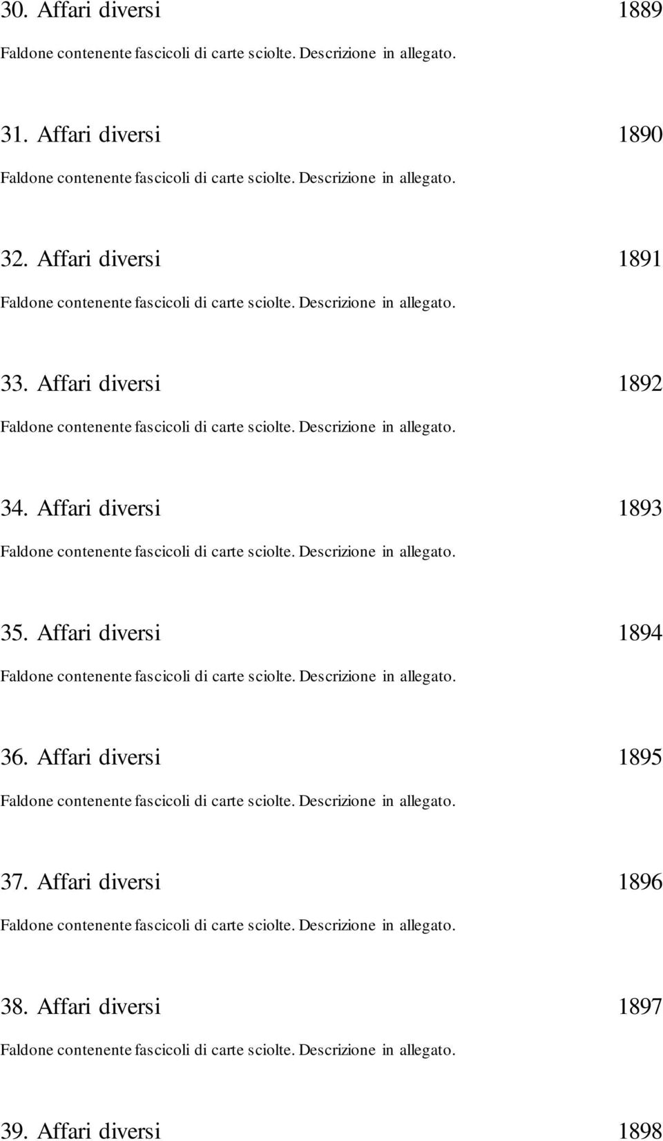 Affari diversi 1893 Faldone contenente fascicoli di carte sciolte. Descrizione in allegato. 35. Affari diversi 1894 Faldone contenente fascicoli di carte sciolte. Descrizione in allegato. 36.