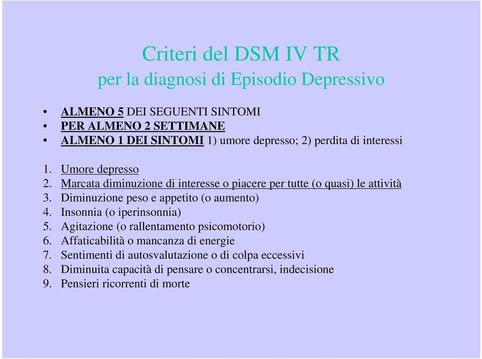 Diminuzione peso e appetito (o aumento) 4. Insonnia (o iperinsonnia) 5. Agitazione (o rallentamento psicomotorio) 6.