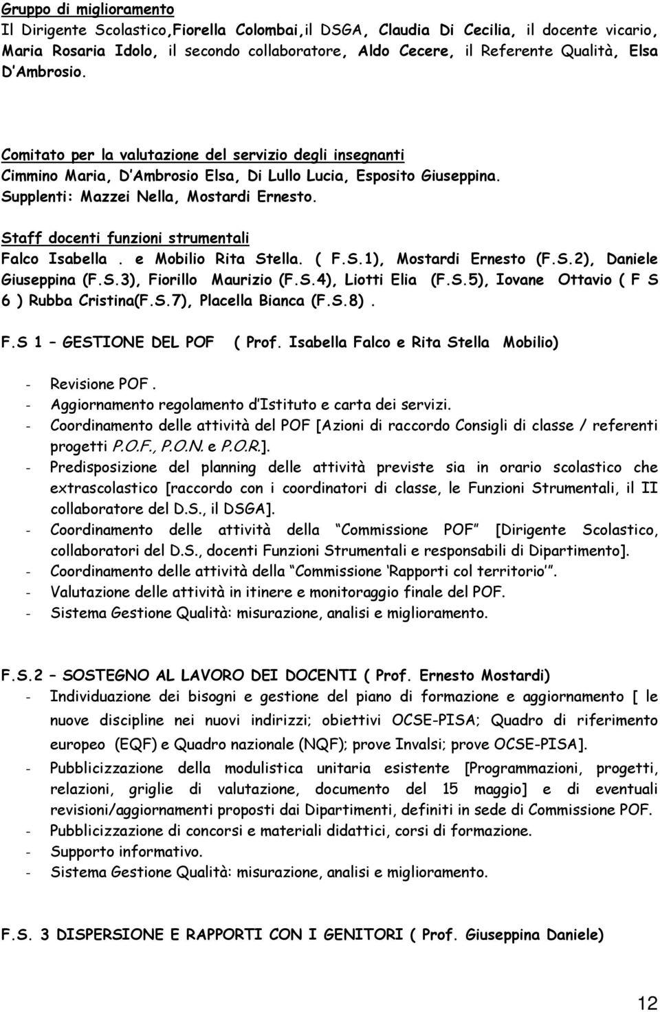 Staff docenti funzioni strumentali Falco Isabella. e Mobilio Rita Stella. ( F.S.1), Mostardi Ernesto (F.S.2), Daniele Giuseppina (F.S.3), Fiorillo Maurizio (F.S.4), Liotti Elia (F.S.5), Iovane Ottavio ( F S 6 ) Rubba Cristina(F.