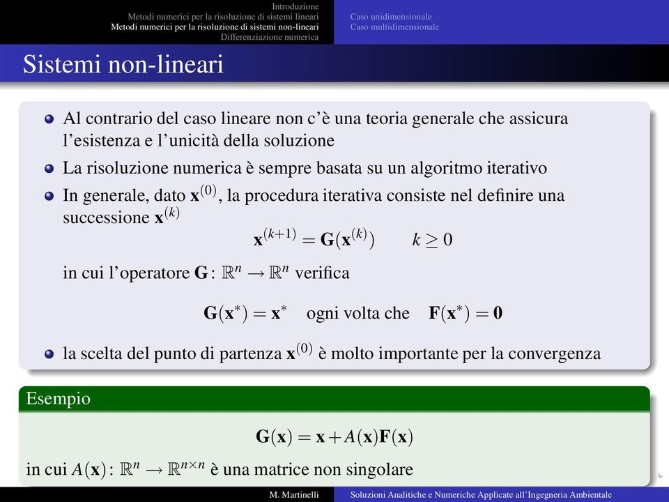 una successione x (k) x (k+1) = G(x (k) ) k 0 in cui l operatore G: R n R n verifica G(x ) = x ogni volta che F(x ) = 0 la scelta del