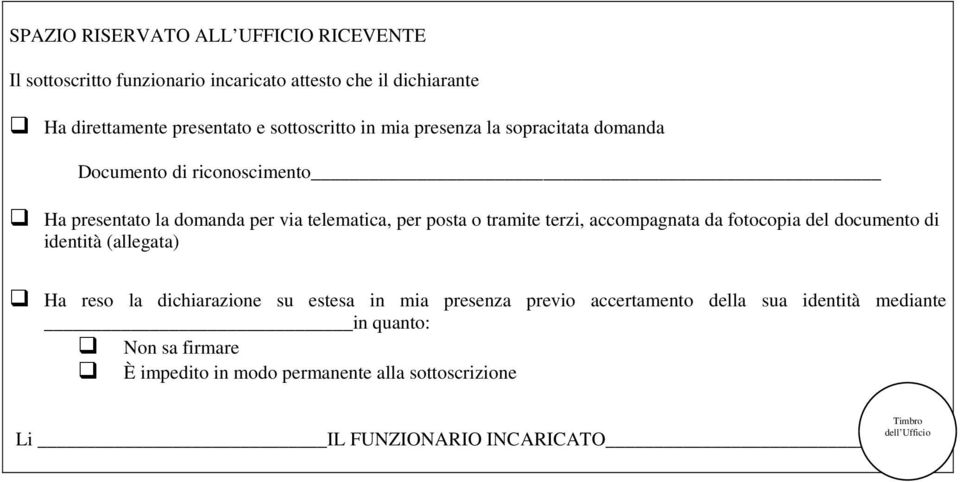 tramite terzi, accompagnata da fotocopia del documento di identità (allegata) Ha reso la dichiarazione su estesa in mia presenza previo