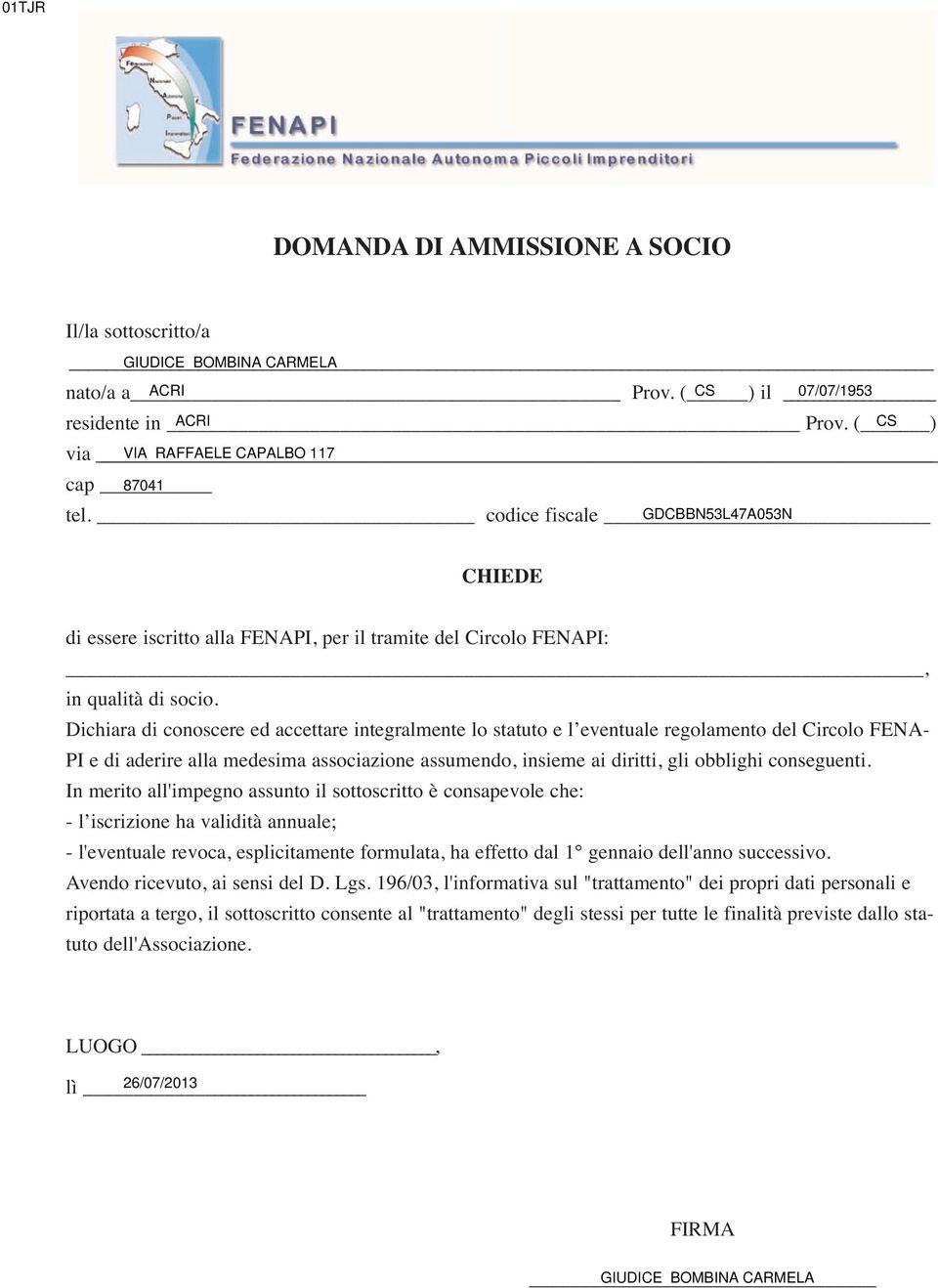 Dichiara di conoscere ed accettare integralmente lo statuto e l eventuale regolamento del Circolo FENA- PI e di aderire alla medesima associazione assumendo, insieme ai diritti, gli obblighi