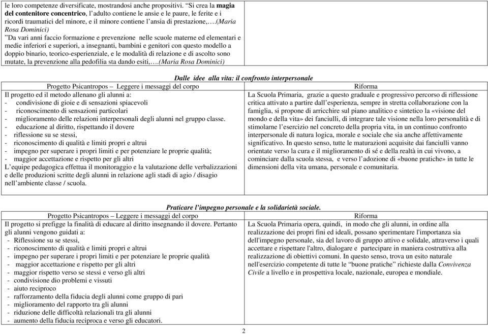 (maria Rosa Dominici) Da vari anni faccio formazione e prevenzione nelle scuole materne ed elementari e medie inferiori e superiori, a insegnanti, bambini e genitori con questo modello a doppio